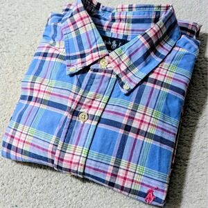 Ralph Lauren Button Down Shirt Mens L Blue Plaid Classic Fit L/S Pony Logo